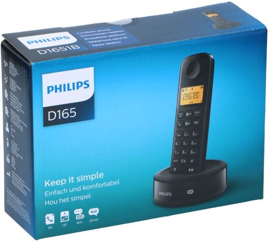 Philips Téléphone sans fil - D1651B/01 - DECT - Téléphone résidentiel - Ligne terrestre - Reconnaissance des numéros - Portée sans interférence - Noir
