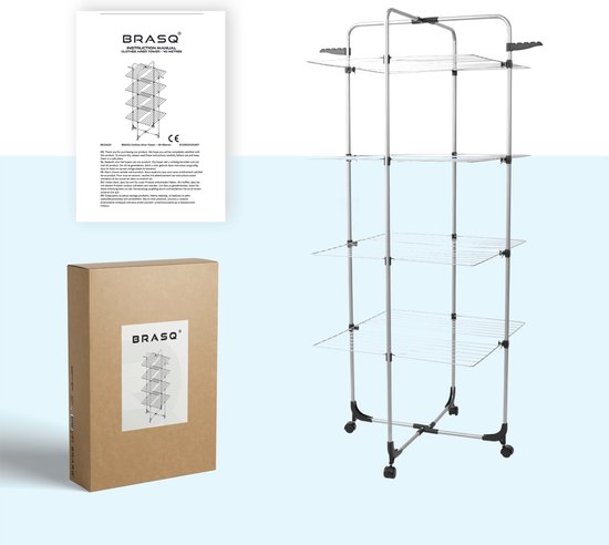 BRASQ Tour de séchage 4 couches - Longueur de séchage 40 mètres - Étagère de séchage avec roulettes et supports - Étagère à linge - Tour de séchage 68x68x169 cm - Blanc