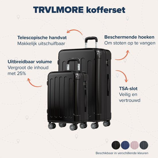 TRVLMORE Set de valises - 2 pièces - 45L Hand Luggage + 115L Spacious Luggage - TSA Lock - Lightweight - Travel Suitcase Set - Trolley - Black