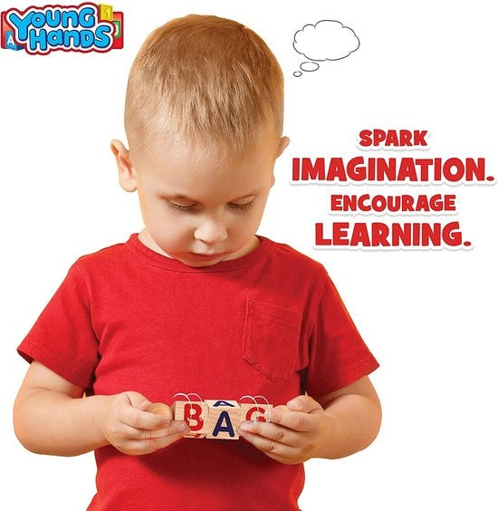 Creative Kids - Blocs de lecture en bois - Lot de 5 blocs alphabétiques rotatifs - Poignées faciles à saisir - Activités d'apprentissage pour la maternelle et le préscolaire - Travail des lettres - Jouets Montessori en bois - Cadeaux pour enfants et jeune