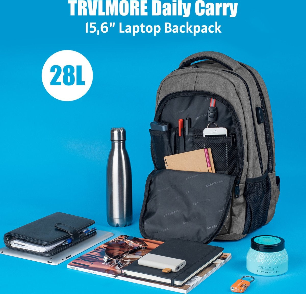 TRVLMORE Sac à dos - 25L - 15.6 inch - Sac à dos pour ordinateur portable - Sac d'école - Unisexe - Gris anti-éclaboussures
