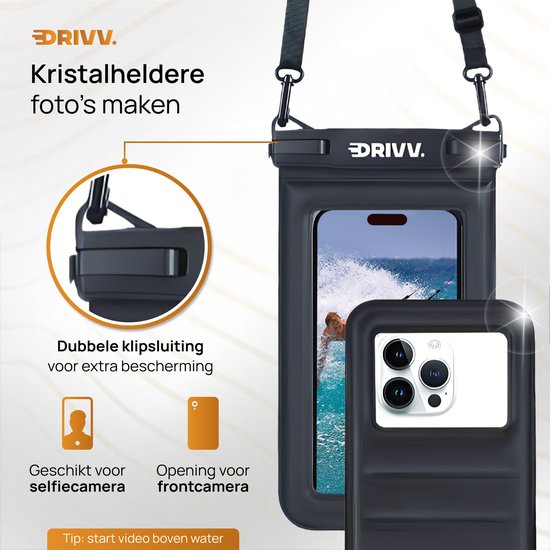 Drivv. Étui de protection étanche de luxe pour téléphone – Flottant – Double fermeture à clip – Éponge supplémentaire – Téléphones jusqu'à 6,8 pouces – Étui de protection sous-marin pour téléphone – Noir