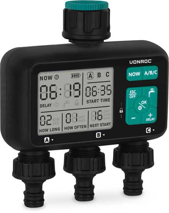 VONROC 3-way water timer - Ordinateur d'arrosage pour 3 zones - Temps et fréquence d'arrosage réglables par zone