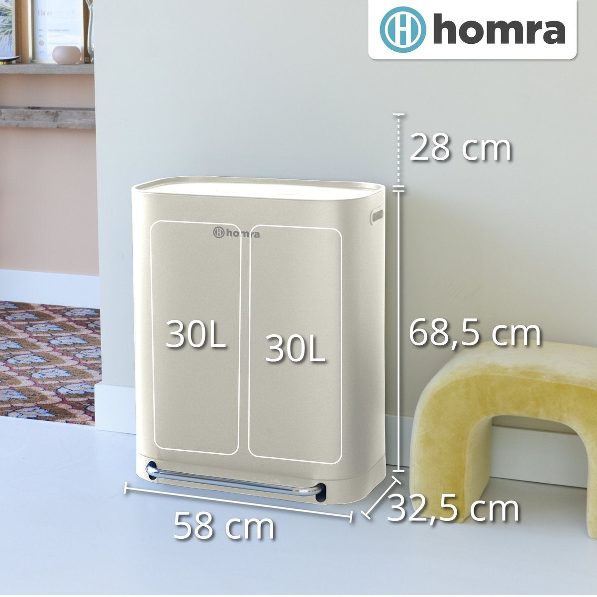 Poubelle Homra Rockx 60 Litres - Duo Poubelle à Pédale 2 x 30L avec Filtre à Odeurs - Poubelle de Tri en Inox à 2 Compartiments - Poubelle de Recyclage - Poubelle de Cuisine pour le Tri des Déchets - Double Poubelle Blanc Crème