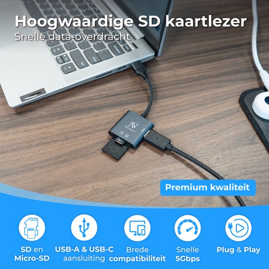 Lecteur de cartes SD Nuvance - Lecteur de cartes SD - 3 en 1 - Lecteur de cartes SD - USB-C et USB-A - Lecteur de cartes micro SD - Carte TF