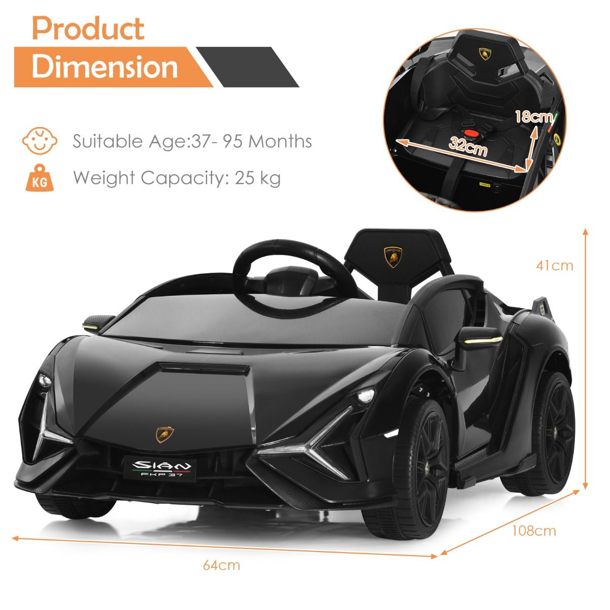 Voiture électrique pour enfants Coast - Télécommande 2,4 GHz - Phares LED et musique - noir