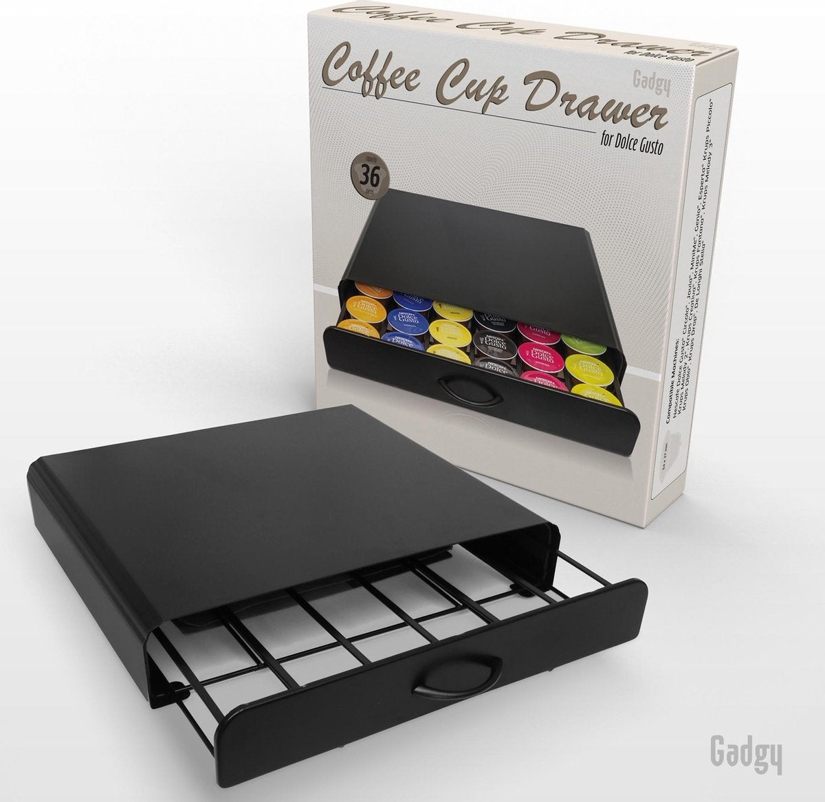 Gadgy Dolce Gusto Capsulehouders - Capsulehouder met lade - Koffie Cuphouder 36 capsules - Padhouder - RVS - Zwart - Vaderdag Cadeau