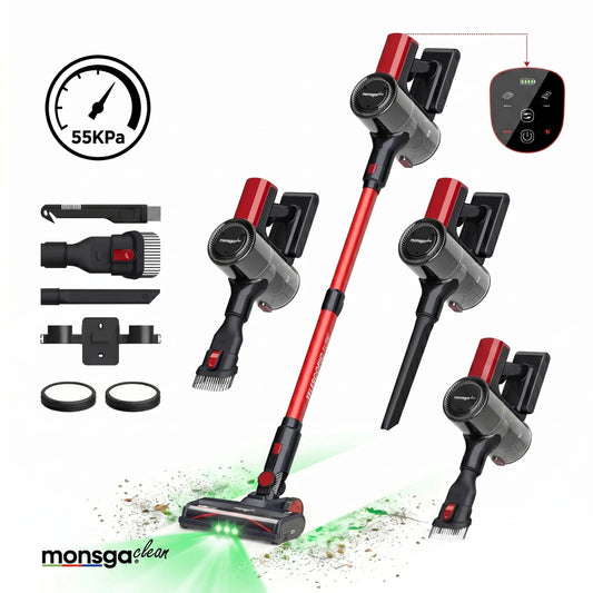 Aspirateur sans fil MonsgaClean M100 - Rouge - 55 000 Pa - 45 min - 1,8 L - Écran tactile - Anti-enchevêtrement - LED verte