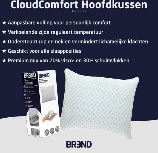 BREND BR-2233 Oreiller CloudComfort pour les dormeurs sur le dos, le ventre et les côtés - 50 x 70 cm - mousse à mémoire de forme - avec côté froid et confort réglable - blanc