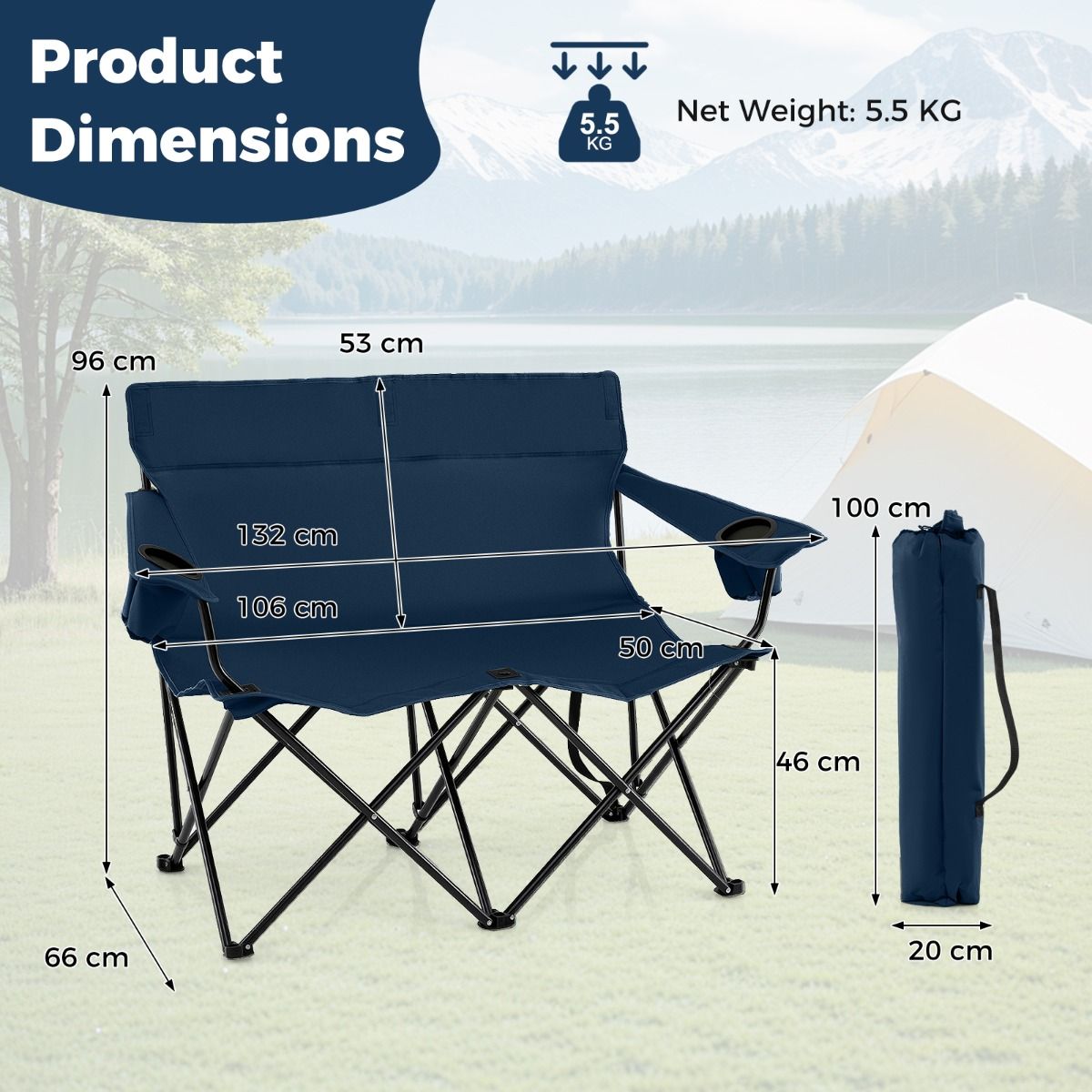 Chaise de camping double Coast - pliable, avec porte-gobelets et sac de transport - bleu foncé