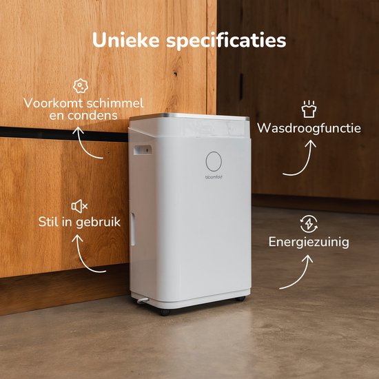 Déshumidificateur Bloomfold - 16L par jour - Fonction Lavage-Séchage incluse - Convient pour le salon, la chambre, le sous-sol et la salle de bain - Déshumidificateur - Blanc