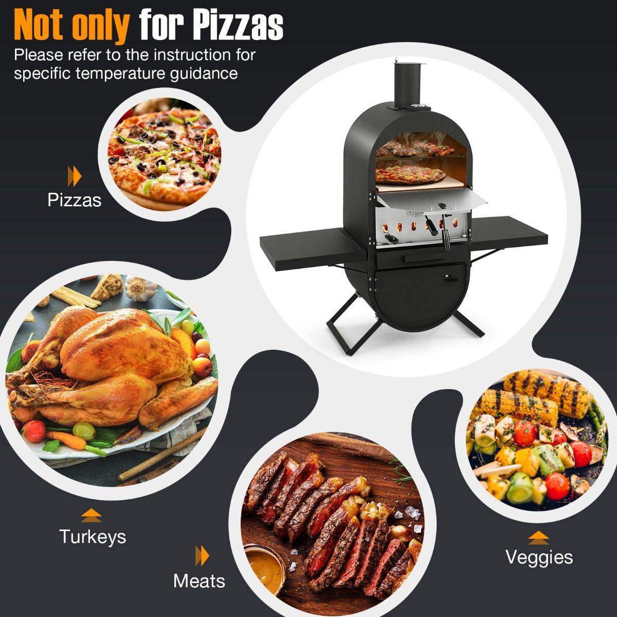Four à pizza d'extérieur au feu de bois Coast - Noir - 98 x 31 x 98 cm - Comprend une pierre à pizza, une pelle à pizza et une housse de protection