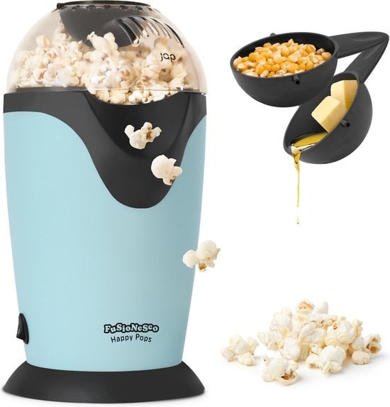 JAP Appliances Happy Pops - Machine à pop-corn rétro (2-3 personnes) 1200W - Cuillère à mesurer et à faire fondre le beurre incluse - Prêt en 3 minutes - Sans huile - Bleu