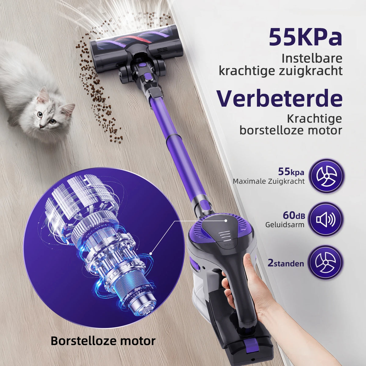 Aspirateur sans fil Daynee H75 - Puissance d'aspiration de 55 000 Pa - Violet - Filtration HEPA - Tuyau et brosse pour animaux - 44 x 30 x 19 cm