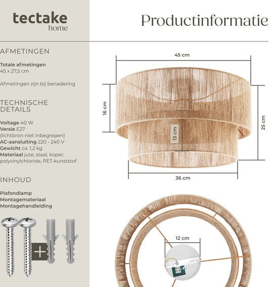tectake® Plafonnier style Boho- Lampe pendante avec abat-jour en jute - 40W
