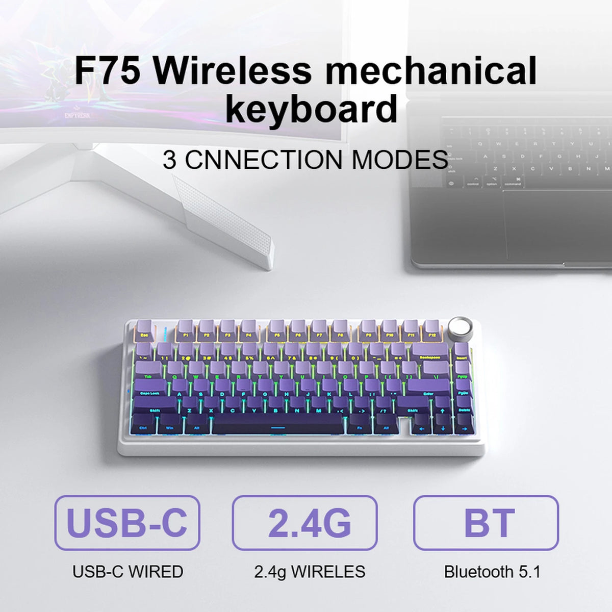 Clavier mécanique AULA F75 Pro - Disposition 75 % - Sans fil tri-mode - Hot-swap - RGB - Violet