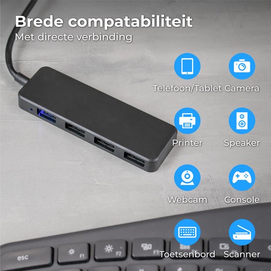 Nuvance - Hub USB 3.0 - 4 ports - Inclut un convertisseur USB C - Répartiteur USB - Noir