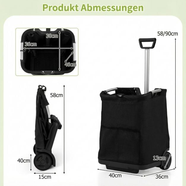 Coast Shopping Trolley Black - Chariot pliable de 50 litres avec 3 compartiments et poignée réglable - 40 x 36 x 58/90 cm