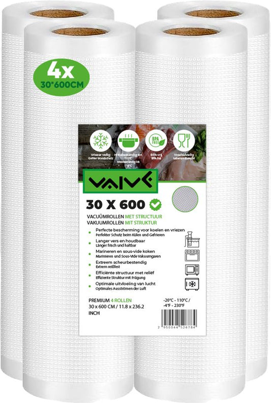 Vaive Rouleaux de mise sous vide 4 pièces - 30 x 600 - Sacs de mise sous vide alimentaires - Sacs de mise sous vide - Sans BPA