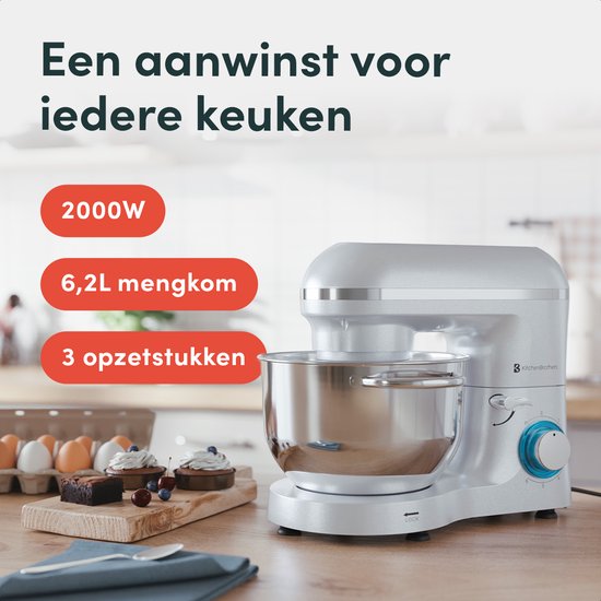 KitchenBrothers Robot de cuisine - Robot de cuisine - 6.2L - Mixeur avec bol de mixage - Mixeur de cuisine - 2000W - Blanc nacré