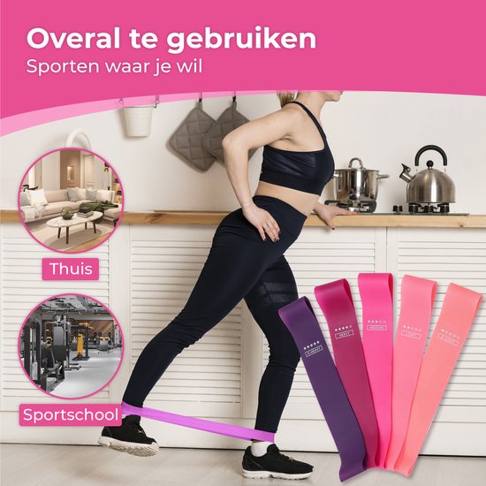 Nuvance - Resistance Bands Set Incl. Carrying Bag - 5 Piece Set - Resistance Band - Fitness Elastic - Incl. eBook - Pink