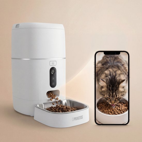 Mangeoire automatique Princess - Caméra HD et fonction intelligente - 6 litres – Chat et chien – Commande via application – Repas programmables – Bol en acier inoxydable – Batterie de secours – Distributeur automatique de nourriture – 610065
