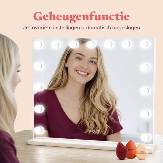 Fraay® Hollywood Mirror with Lighting 60x50cm - 3 Light modes - Luxury Make Up Mirror with 10x Magnification Mirror - LED Lighting Dimmable - Incl. 2 Beauty Blenders and Powder puff