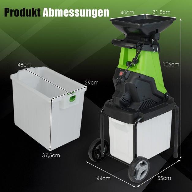 Broyeur de jardin électrique Coast 3000 W – Branches jusqu'à 45 mm – 50 L – Vert