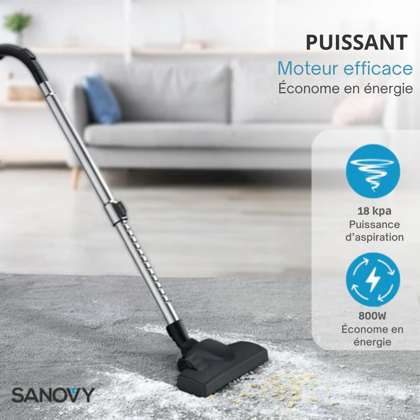 Aspirateur puissant sans sac - Sanovy ProPower - 3L - Compact - Bleu