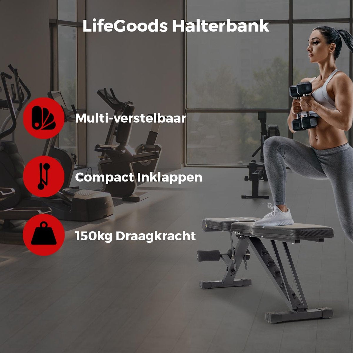 LifeGoods Fitness Halter Bench - Banc d'exercice - Banc de musculation - Banc d'exercice - Réglable - Pliable - Noir/Gris