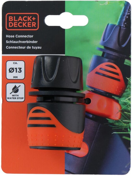 BLACK+DECKER Coupleur de tuyau d'arrosage 1/2'' - Tuyaux d'arrosage ⌀13mm - Arrêt d'eau intégré - Plastique - Noir/ Orange