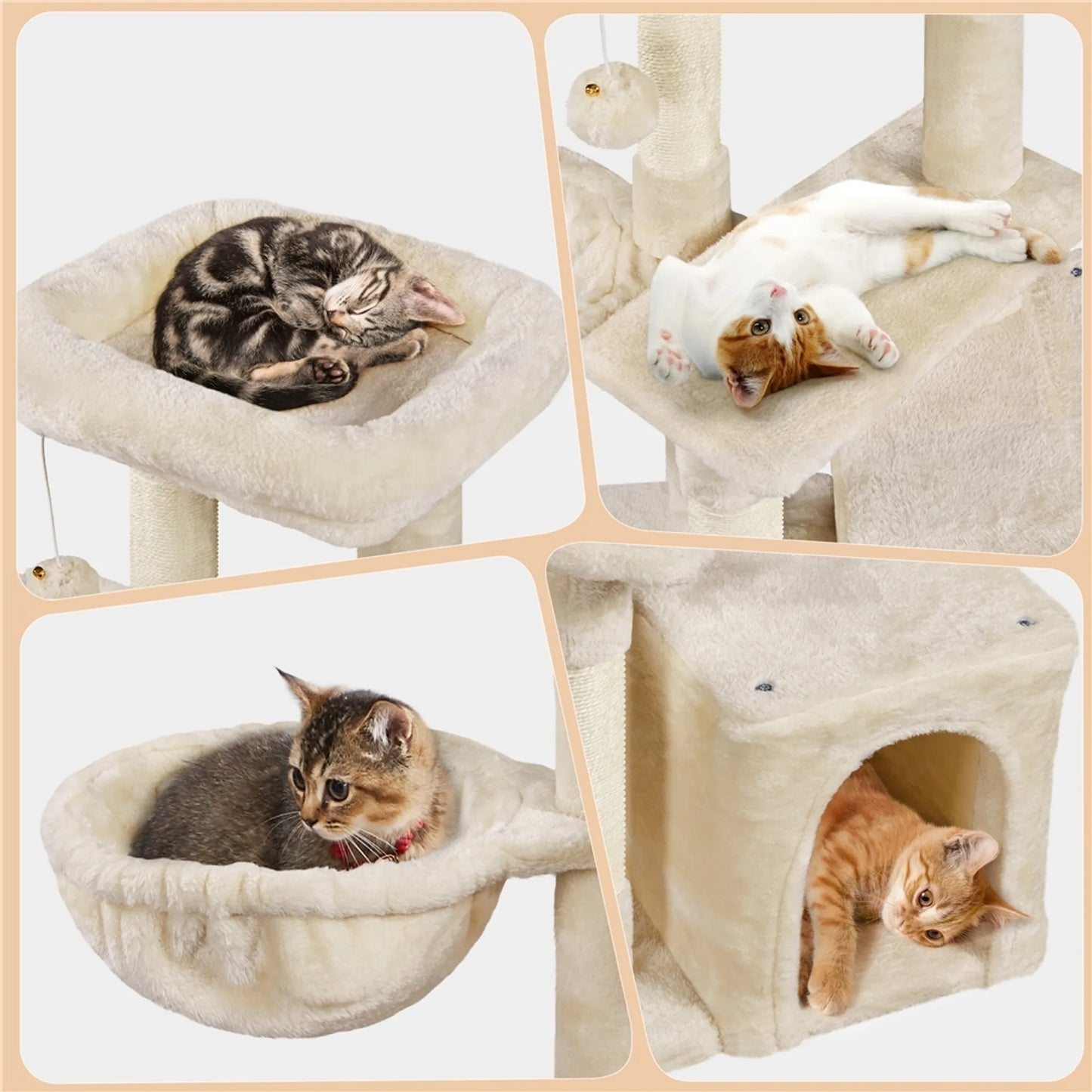 Yaheetech Scratch Post avec 3 niveaux - équipé de poteaux en sisal, d'un panier pour chat, d'un hamac et d'une balle en peluche amovible - pour les chats de petite et moyenne taille - panneau de particules E1 et peluche beige - 51 x 34,5 x 87 cm