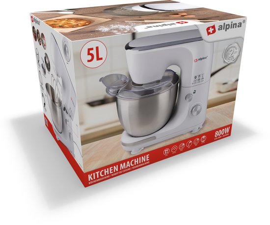 alpina Food Processor - Robot de cuisine - Bol mélangeur en acier inoxydable 5L - 3 Accessoires - Blanc