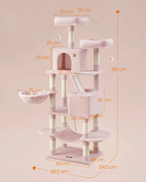 Joyfurnos L Arbre à chat 168 cm - Rose pastel - À plusieurs niveaux avec 13 poteaux à griffer et un hamac