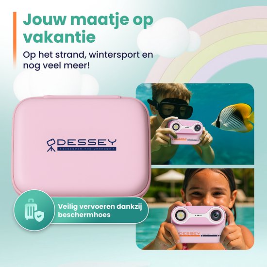 Appareil photo étanche pour enfants ODESSEY - avec trépied - Full HD - Appareil photo pour selfies - Carte SD de 32 Go - Photo - Vidéo - Jeux - Appareil photo numérique pour enfants - Appareil photo pour enfants - Rose