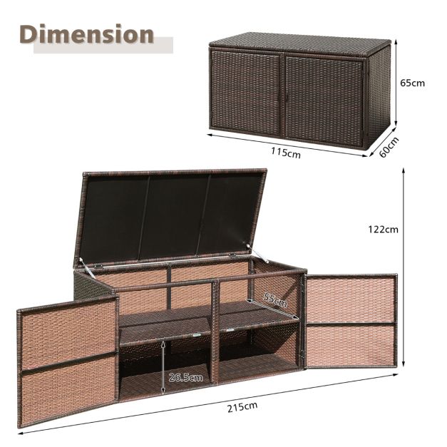 Coast Rattan Terrace Box 335 L - Brown - 115 x 60 x 65 cm - Boîte de rangement de jardin résistante aux intempéries avec couvercle et 2 étagères