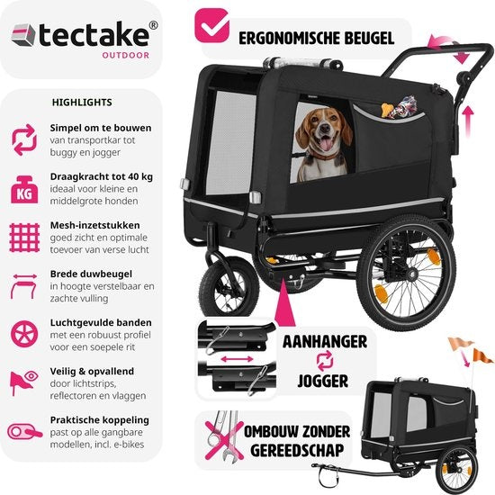tectake® - Hondenkar WoofRider fietskar - zwart - inklapbaar - tot 40 kg - hondenbuggy hondenwagen