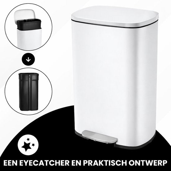 Bayt Poubelle - Poubelle à pédale 50 litres - Poubelle 50 litres - Poubelle 50 litres - Séparation des déchets - Poubelle - inox - Blanc