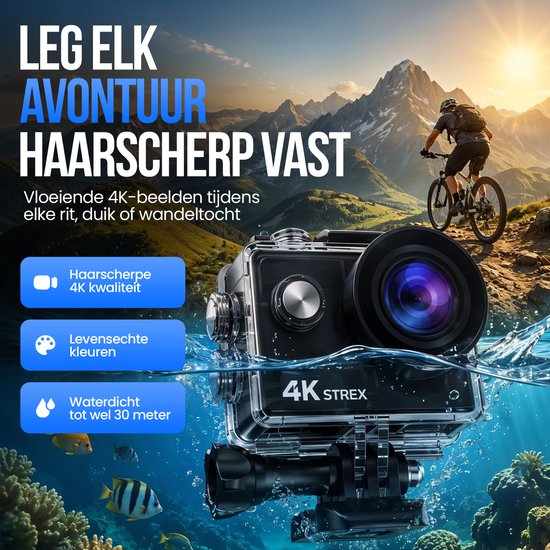 Caméra d'action Strex 4K 30 MP - Étanche jusqu'à 30 mètres, stabilisation EIS et application Wi-Fi - Caméra sous-marine étanche à 60 images par seconde - Caméra corporelle - Caméra d'action