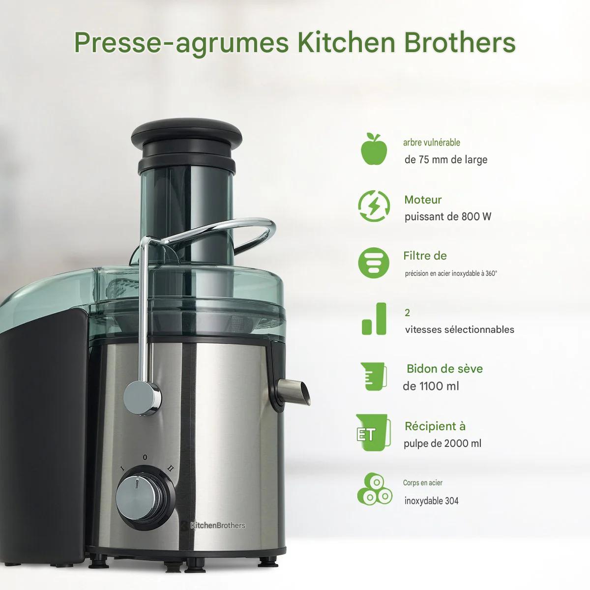 KitchenBrothers Extracteur de jus - Pour légumes et fruits - 1100 ml - 800W - Noir