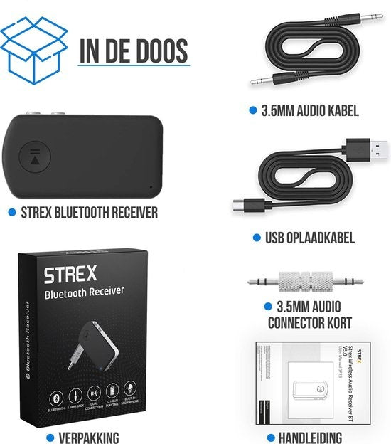 Strex Bluetooth Receiver - BT 5.0 - 3.5MM AUX - Récepteur Bluetooth - Appel mains libres - Récepteur audio Bluetooth - Bluetooth Car via AUX