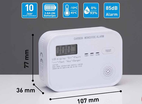 Détecteur de CO Grundig - Détecteur de monoxyde de carbone avec batterie de 10 ans - Compteur de CO avec écran LCD, alarme de niveau de batterie faible et alarme d'erreur de capteur - Détecteur de Co2 avec alarme 85dB - Montage mural - Blanc