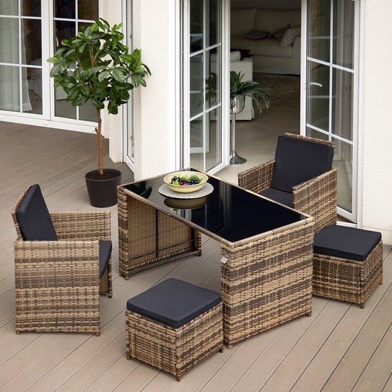 tectake® - ensemble de sièges en osier, salon de jardin 5 pièces avec table, fauteuil et tabouret, ensemble de salle à manger pour 4 personnes, meubles de jardin et de balcon avec coussins - gris - poly-rattan
