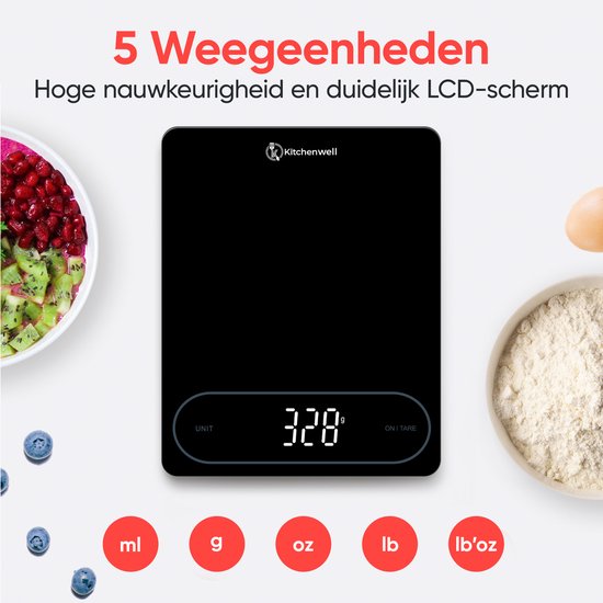 Balance de cuisine numérique de précision Kitchenwell – Balance de cuisine - 1 g - 12 kg – Fonction tare - USB - Noir