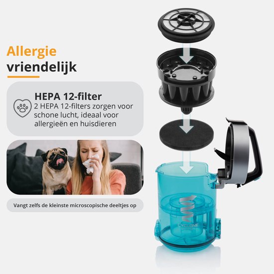 Aspirateur sans sac ETA Stellar avec moteur ECO et accessoires - 1,5 litre - portée 10 mètres - double filtre HEPA 10 et 12 - noir/bleu