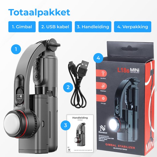 Nuvance - Stabilisateur à cardan pour smartphone - Stick à selfie - avec trépied et télécommande - Trépied