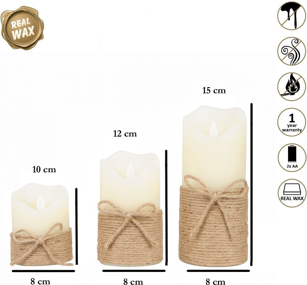 O'DADDY® LED Candles With Moving Flame - Set 3 sizes 10+12.5+15cm 8d - With Timer and Dimmer Function - LED Candles With Remote Control - Rope (Bougies LED avec télécommande)