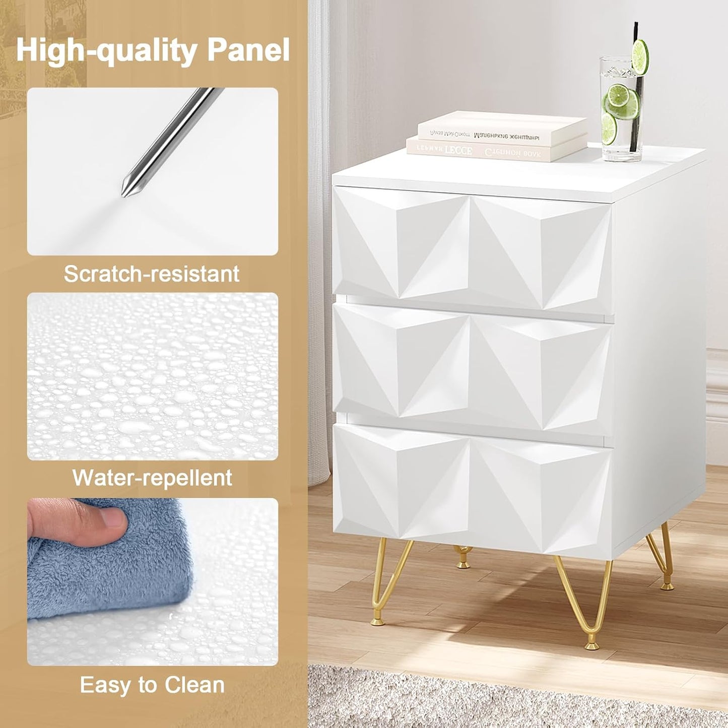 Eugad Table de chevet avec 3 tiroirs - 40x40x62,5 cm - Blanc avec or - Design 3D moderne