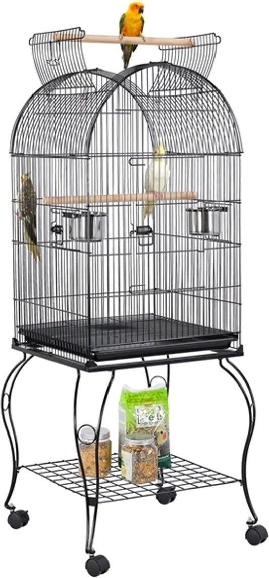 Yaheetech Cage à oiseaux - Perruches et perroquets - 59.5x59.5x150 cm - Mobile - Support amovible - Perchoirs - Noir