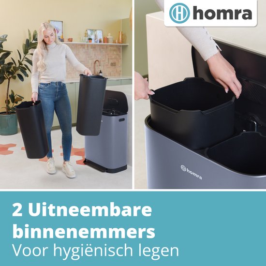 Homra Rockx Pedal Bin 60 Litres - Duo Trash Bin 2X30L with Odour Filter - Stainless steel Waste Separation Trash Bin 2 Compartments - Recycle Trash Bin - Garbage Bin Kitchen Waste Separation - Waste Bin - Double Trash Bin Grey